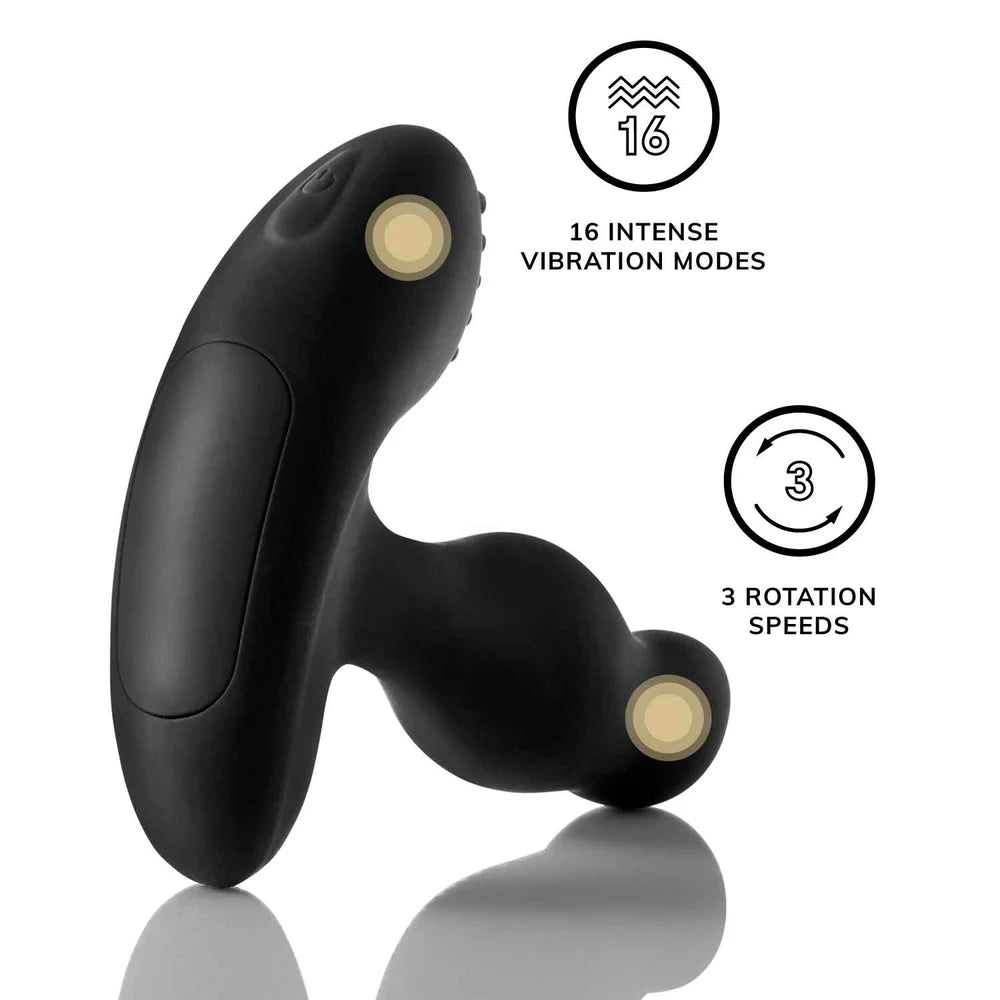 Black and gold electronic device with vibration and rotation mode indicators on a white background