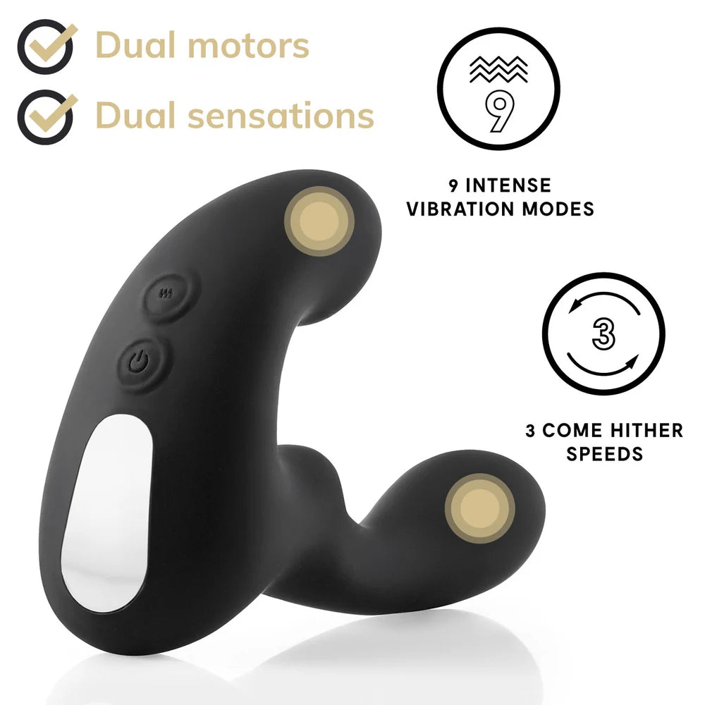 Black Tomo 2 Massager with dual motors and vibration modes on a white background