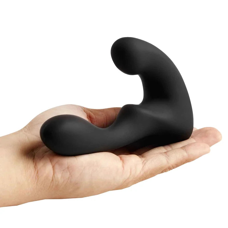 Black tomo come hither prostate massager held in a hand against a white background
