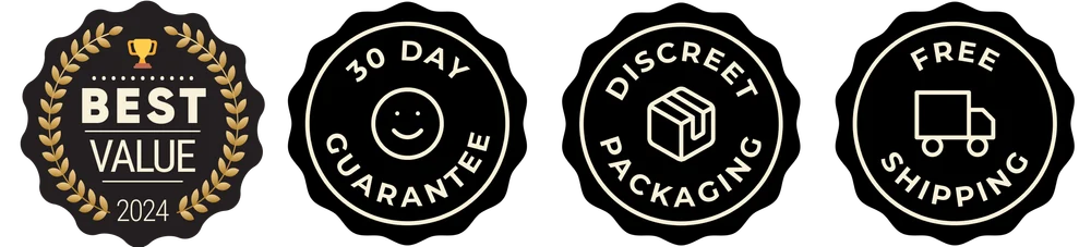 Set of four black and white product feature badges on a white background.