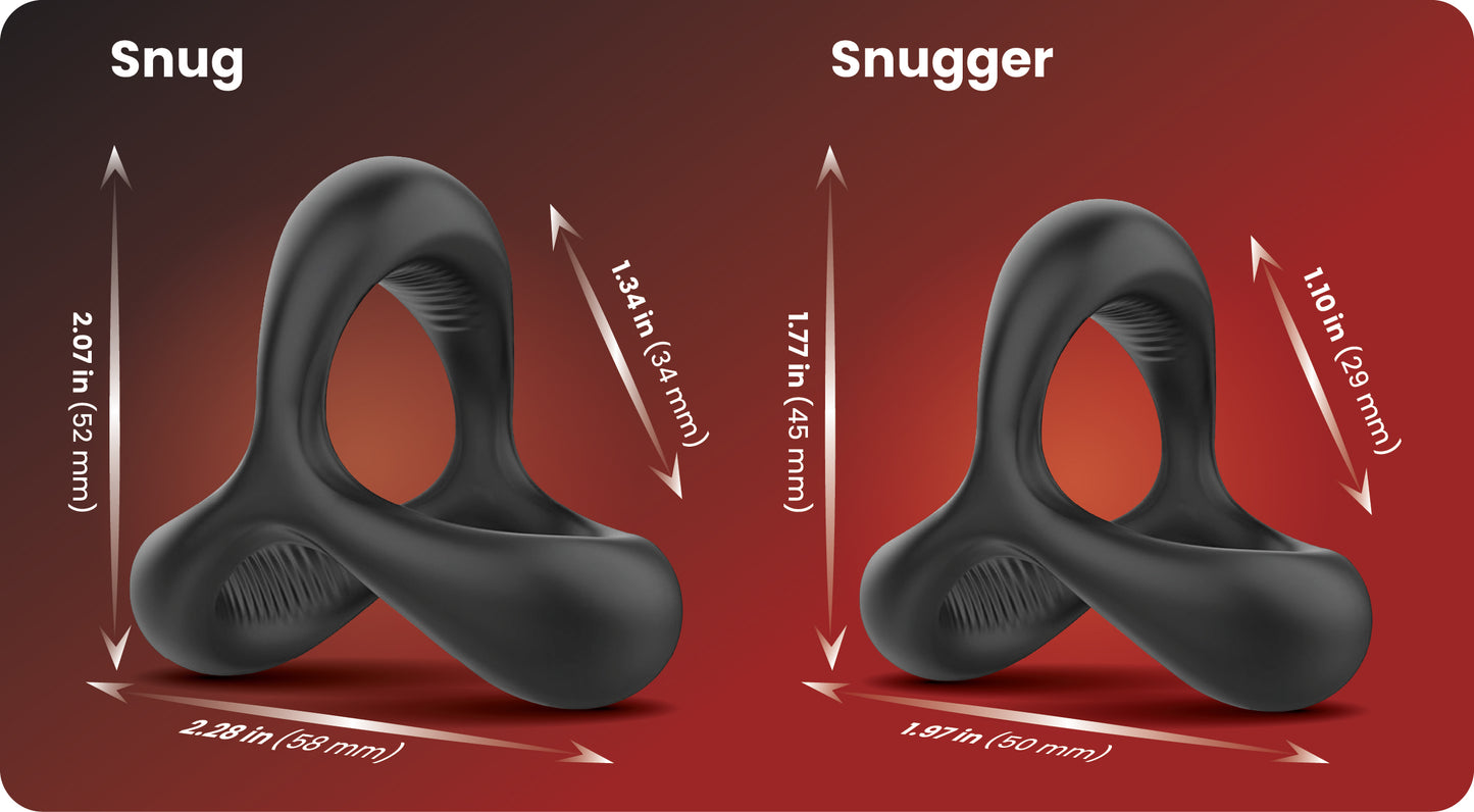 Giddi Cerus cock ring size comparison showing Snug and Snugger fit dimensions